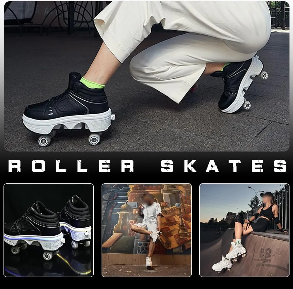 Roller Skate Shoes for Women, Double-Row Deform Quad Roller Skates, Automatic Walking Shoes Detachable Roller Skate, Shoes with Wheels for Girls Boys, Skating Shoes Unisex