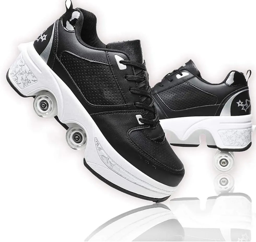 Roller Skate Shoes for Women, Double-Row Deform Quad Roller Skates, Automatic Walking Shoes Detachable Roller Skate, Shoes with Wheels for Girls Boys, Skating Shoes Unisex