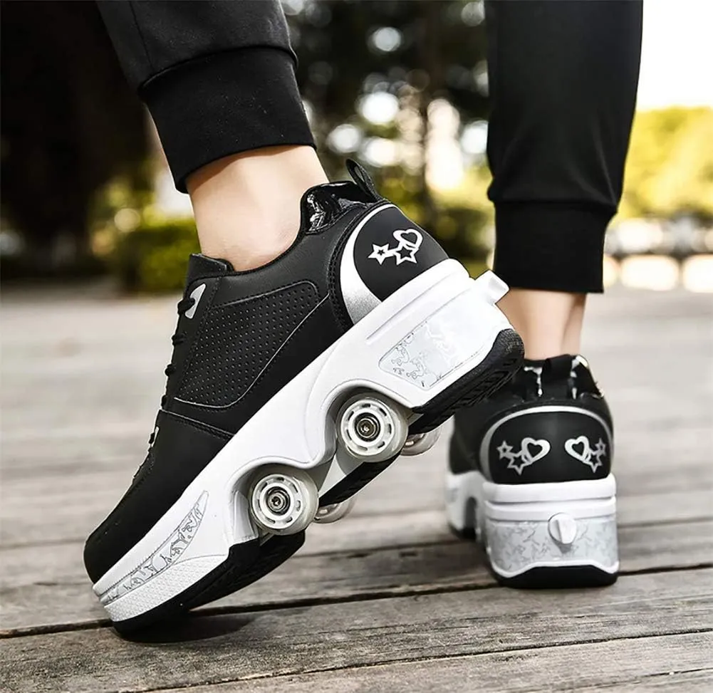 Roller Skate Shoes for Women, Double-Row Deform Quad Roller Skates, Automatic Walking Shoes Detachable Roller Skate, Shoes with Wheels for Girls Boys, Skating Shoes Unisex