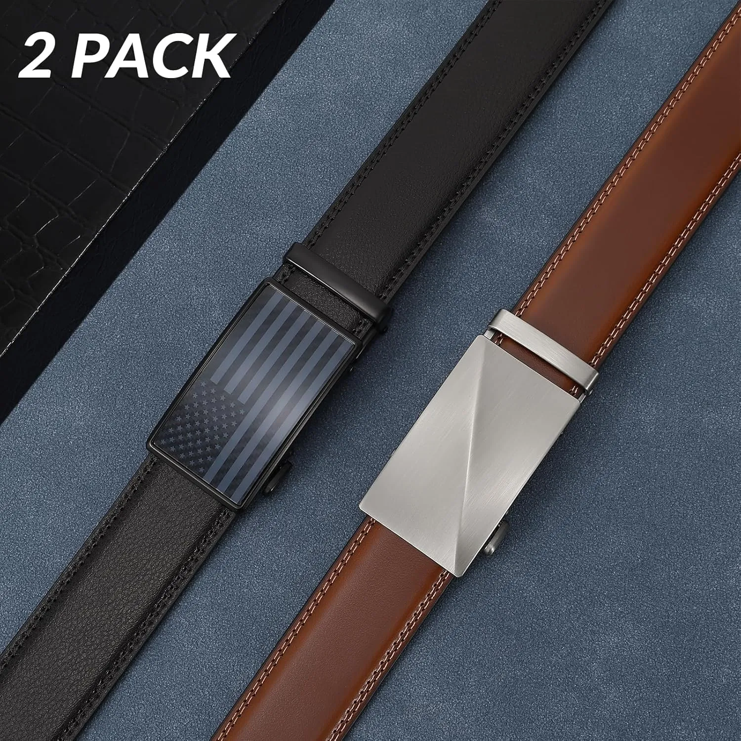 SANSTHS 2 Pack Ratchet Leather Belts for Men, Faux Leather Men Belts for Casual Business Dress Belt