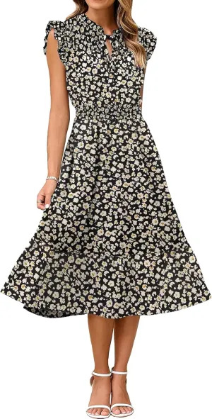 Simplee Womens Summer Floral Midi Dress V Neck Ruffle Short Sleeve Flowy Dress Drawstring Boho Casual Beach Long Dresses