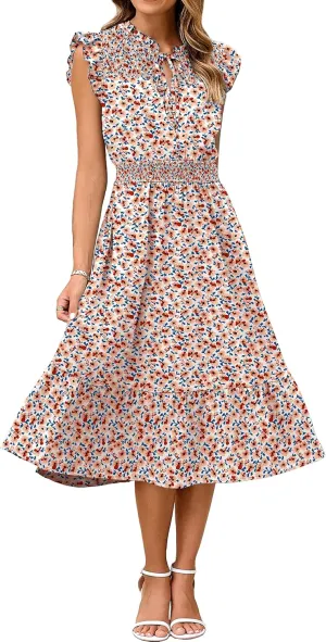 Simplee Womens Summer Floral Midi Dress V Neck Ruffle Short Sleeve Flowy Dress Drawstring Boho Casual Beach Long Dresses