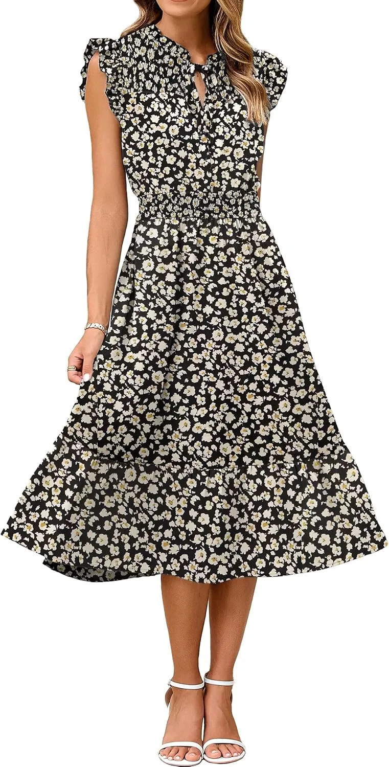 Simplee Womens Summer Floral Midi Dress V Neck Ruffle Short Sleeve Flowy Dress Drawstring Boho Casual Beach Long Dresses