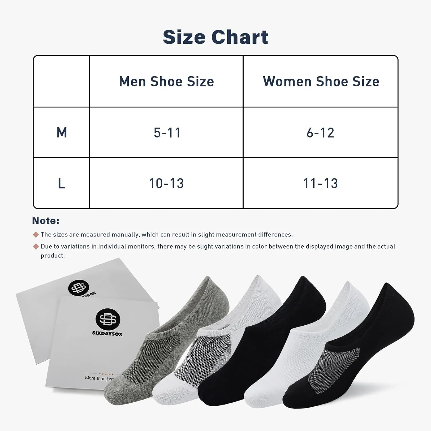 SIXDAYSOX No Show Socks Men 6/8 Pack Invisible Low Cut Non Slip Short Socks Size 5-11/10-13