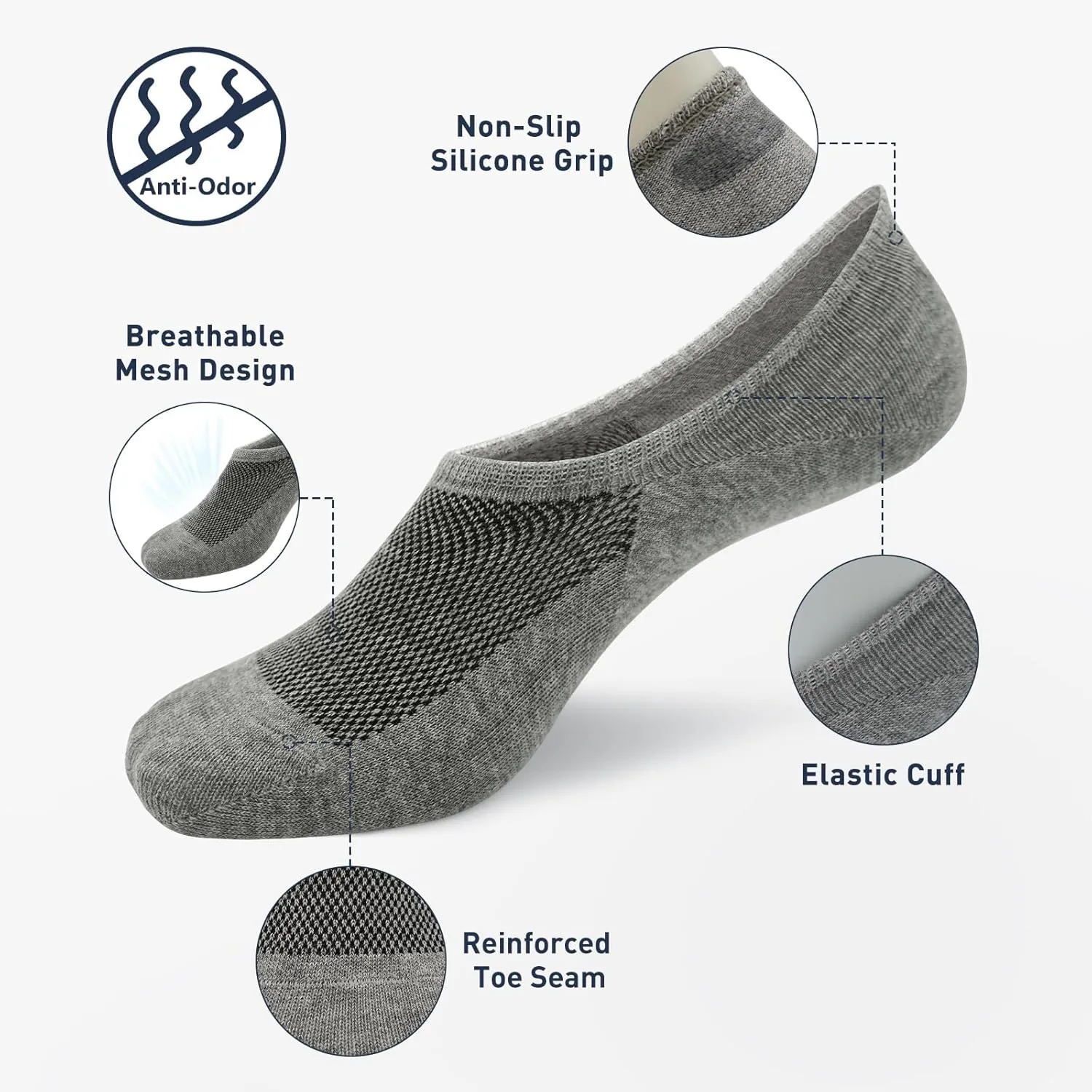 SIXDAYSOX No Show Socks Men 6/8 Pack Invisible Low Cut Non Slip Short Socks Size 5-11/10-13