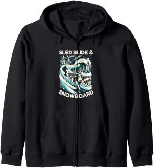 Sled Slide And Snowboard Alpine Dog Snowdog Snowboarding Zip Hoodie