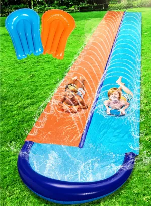 Sloosh 32.5FT Double Water Slides, Heavy Duty Lawn Slip and Slide with Sprinkler and 2 Inflatable Boards Backyard Yard Lawn Summer Outdoor Water Toy for Kids Adults