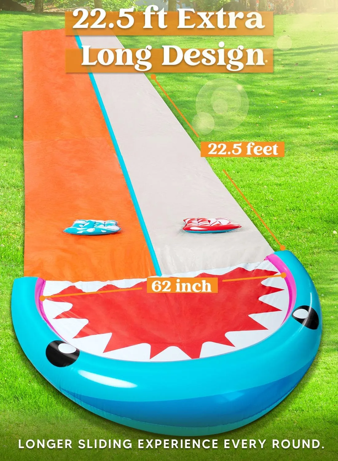 SLOOSH Water Slides with 2 Inflatable Boards,22.5ft Double Lane Lawn Water Splash Slip and Slide with Advanced Sprinklers Summer Toy for Kids Adults Fun Backyard Summer Outdoor, Shark