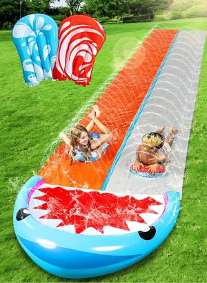 SLOOSH Water Slides with 2 Inflatable Boards,22.5ft Double Lane Lawn Water Splash Slip and Slide with Advanced Sprinklers Summer Toy for Kids Adults Fun Backyard Summer Outdoor, Shark