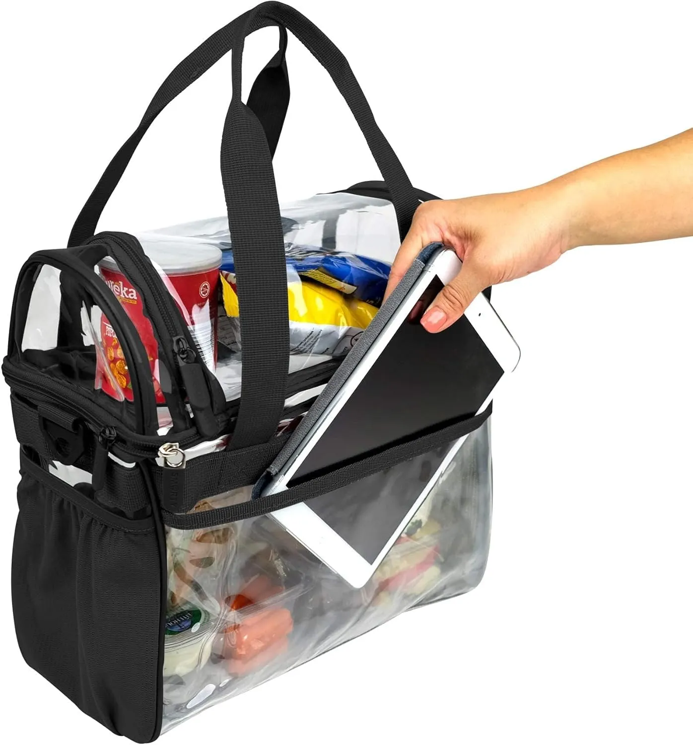 Small Clear Lunch Tote Heavy Duty Stadium Bag Approved Durable Crossbody Makeup Cosmetic Box for Men Women Work (Black, 10 x 9.5 x 6)