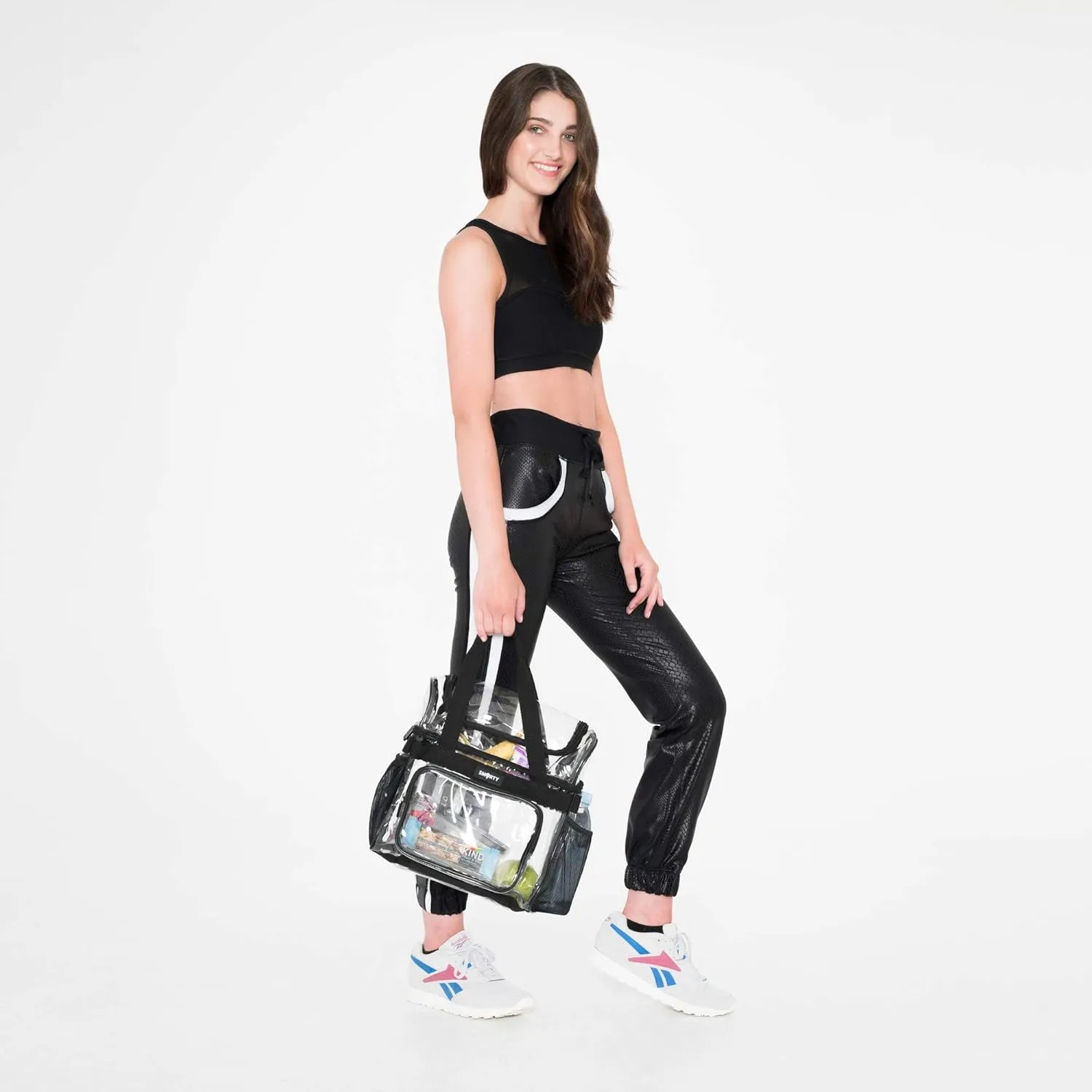 Small Clear Lunch Tote Heavy Duty Stadium Bag Approved Durable Crossbody Makeup Cosmetic Box for Men Women Work (Black, 10 x 9.5 x 6)