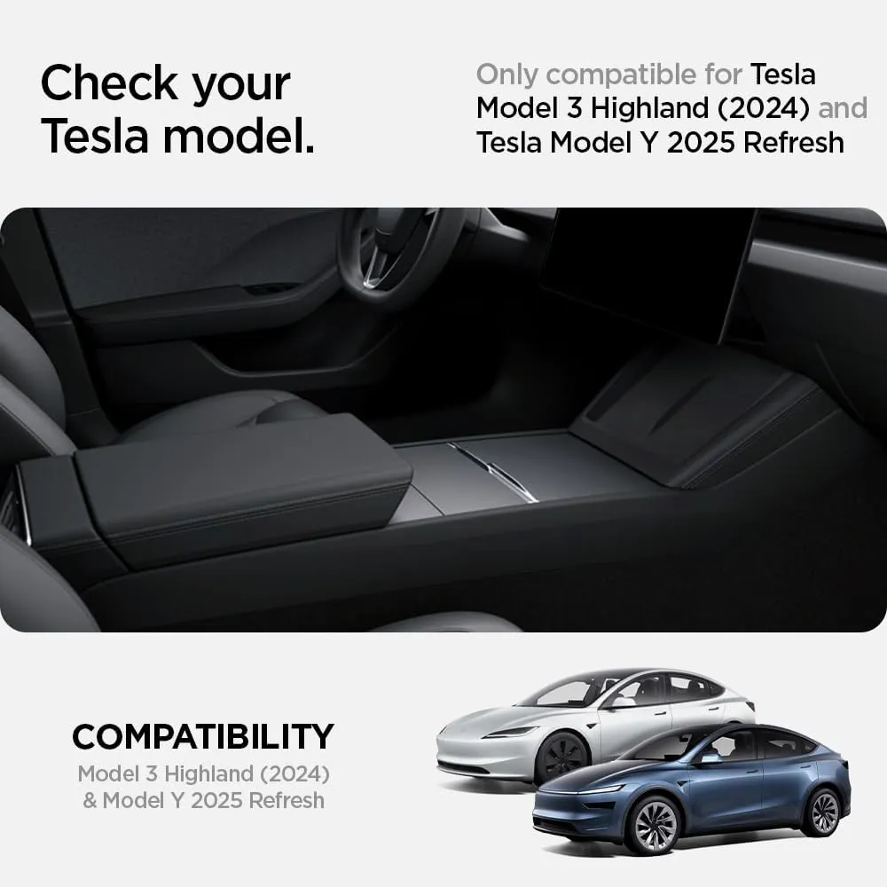 Spigen Non-Slide Center Console Organizer (Expanded Capacity) Designed for New Tesla Model Y Juniper (2025/2026 Refresh) and Tesla Model 3 Highland (2024/2025 Refresh) (Carbon Edition) [Non-Slide]