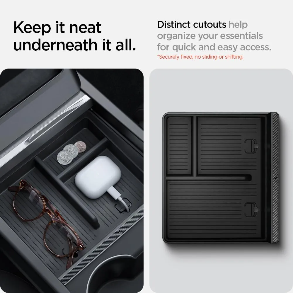 Spigen Non-Slide Center Console Organizer (Expanded Capacity) Designed for New Tesla Model Y Juniper (2025/2026 Refresh) and Tesla Model 3 Highland (2024/2025 Refresh) (Carbon Edition) [Non-Slide]