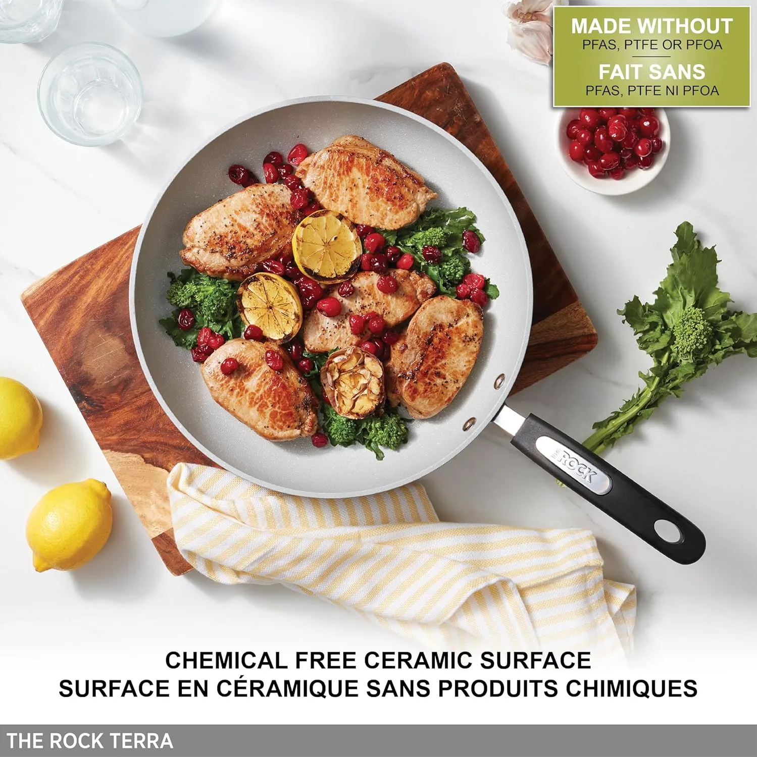 Starfrit The Rock Terra 30cm (12'') Ceramic Non-Stick Deep Fry Pan With Lid - Thick Aluminium Base - PFOA Free - Easy to Clean - Grey