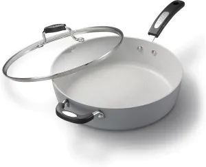 Starfrit The Rock Terra 30cm (12'') Ceramic Non-Stick Deep Fry Pan With Lid - Thick Aluminium Base - PFOA Free - Easy to Clean - Grey