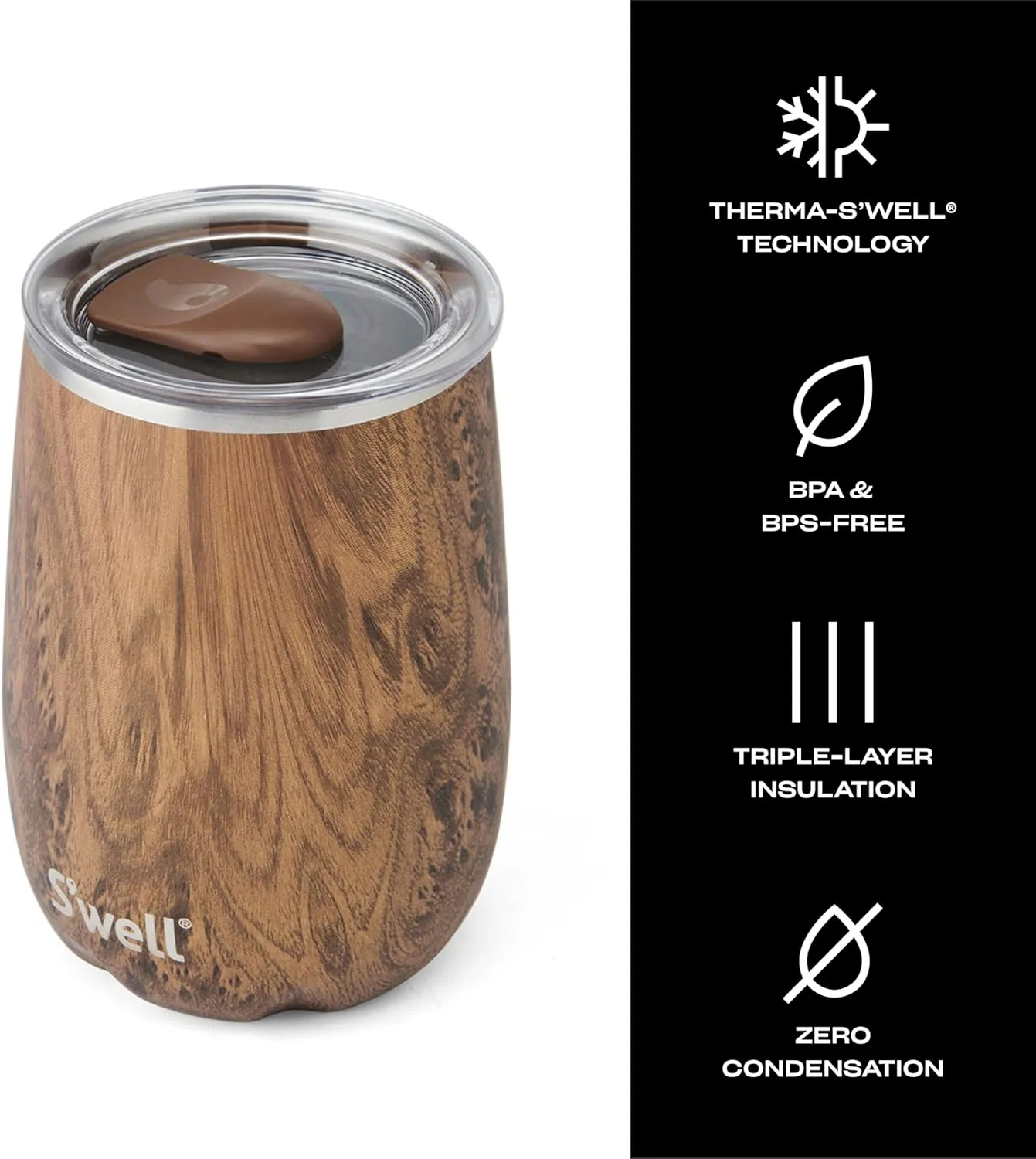 S'well Stainless Steel Wine Tumbler, 14oz, Teakwood, Triple Layered Vacuum Insulated Container Keeps Drinks Colder for Longer, Splash Proof Slide Open Lid, BPA Free Barware