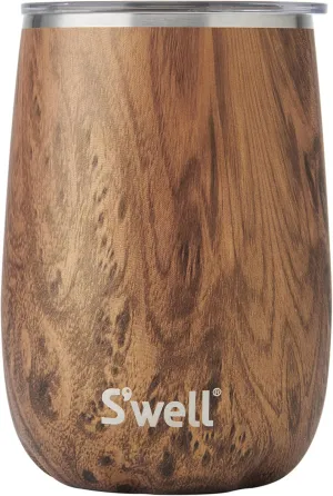 S'well Stainless Steel Wine Tumbler, 14oz, Teakwood, Triple Layered Vacuum Insulated Container Keeps Drinks Colder for Longer, Splash Proof Slide Open Lid, BPA Free Barware