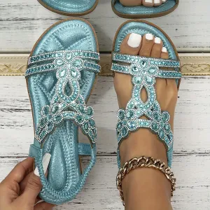 Thick-soled wedge Roman sandals for women with rhinestone fish mouth flat bottom elastic strap bohemian beach sandal