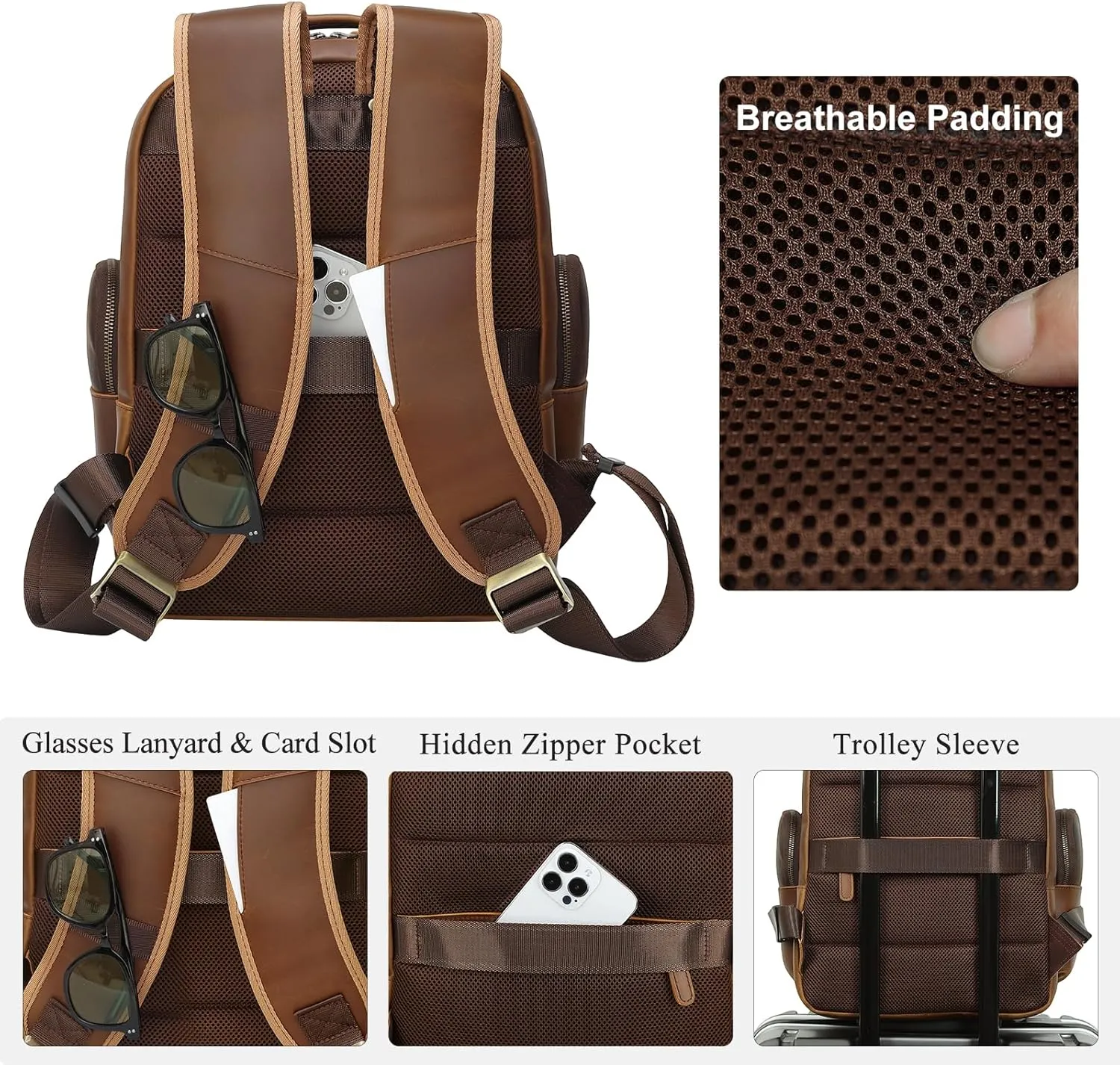 TIDING Men's Vintage Leather Backpack 15.6" Laptop Bag Large Capacity Business Travel Hiking Shoulder Daypacks