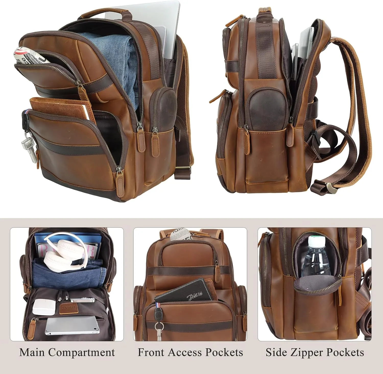 TIDING Men's Vintage Leather Backpack 15.6" Laptop Bag Large Capacity Business Travel Hiking Shoulder Daypacks