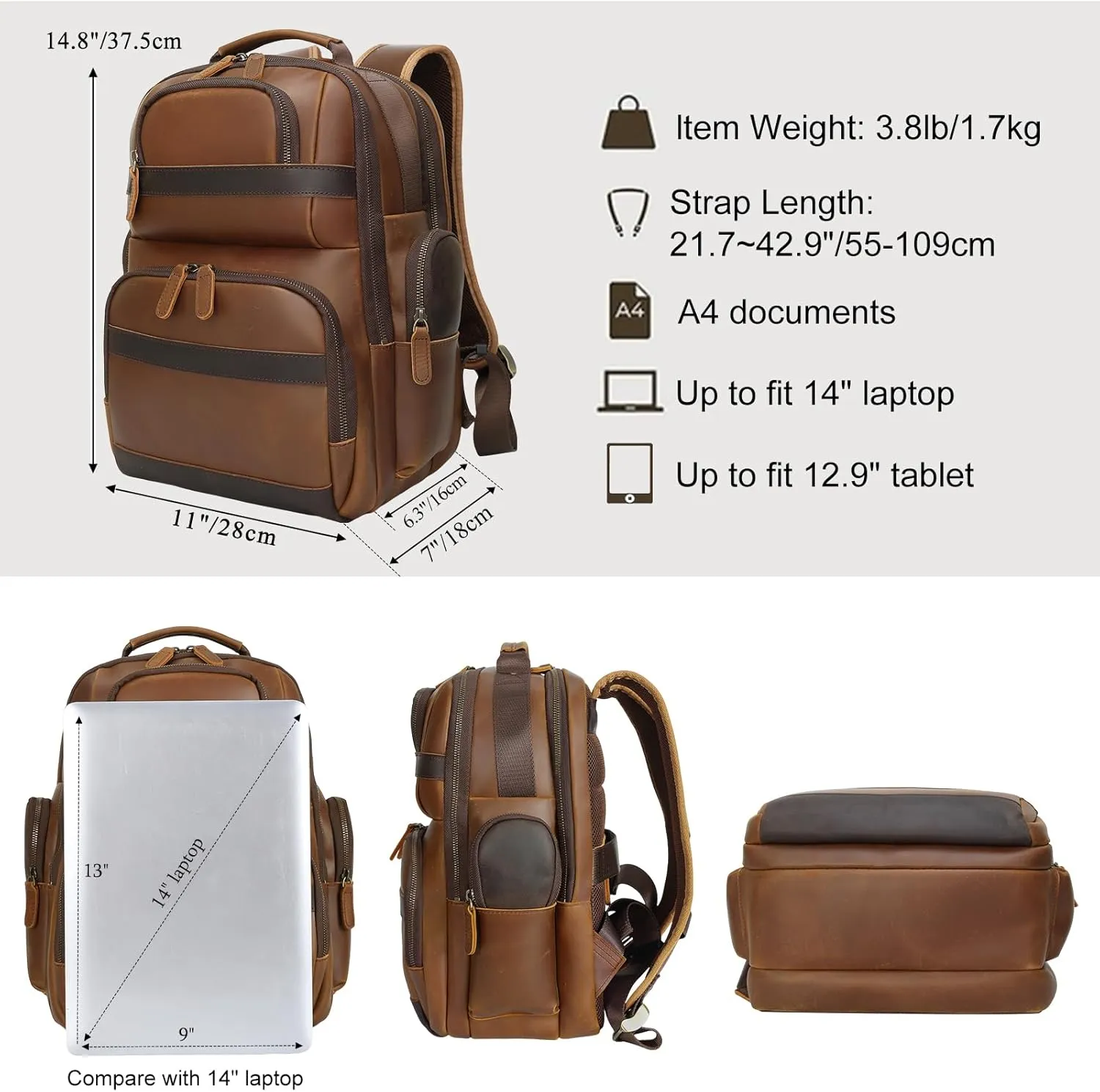 TIDING Men's Vintage Leather Backpack 15.6" Laptop Bag Large Capacity Business Travel Hiking Shoulder Daypacks