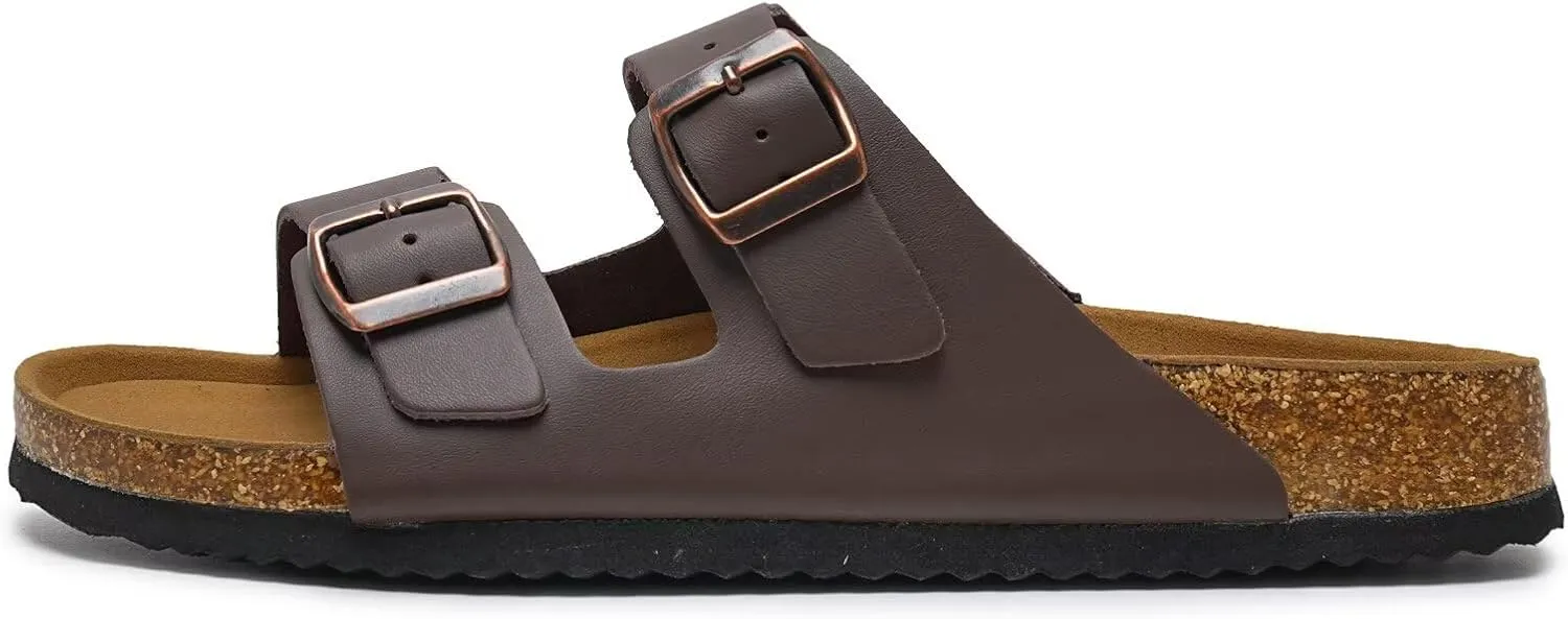 Torotto Genuine Leather Mens Slides with Cork Footbed Open Toe Adjustable Webbing Flat Sandals for Walking | Beach | Indoor