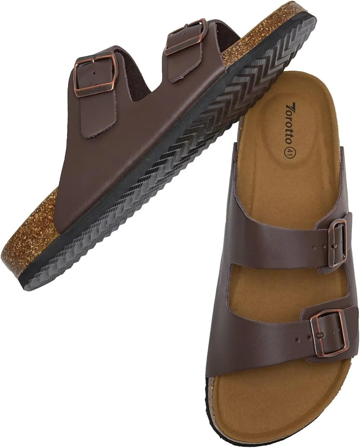 Torotto Genuine Leather Mens Slides with Cork Footbed Open Toe Adjustable Webbing Flat Sandals for Walking | Beach | Indoor