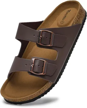 Torotto Genuine Leather Mens Slides with Cork Footbed Open Toe Adjustable Webbing Flat Sandals for Walking | Beach | Indoor