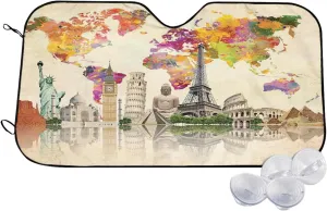Travel Front Windshield Sun Shade for Car Truck SUV,World 7 Wonders Europe Asia,Blocks UV Rays Sun Visor Protector-Keep Your Vehicle Cool,Green - 55 x 30 Inch