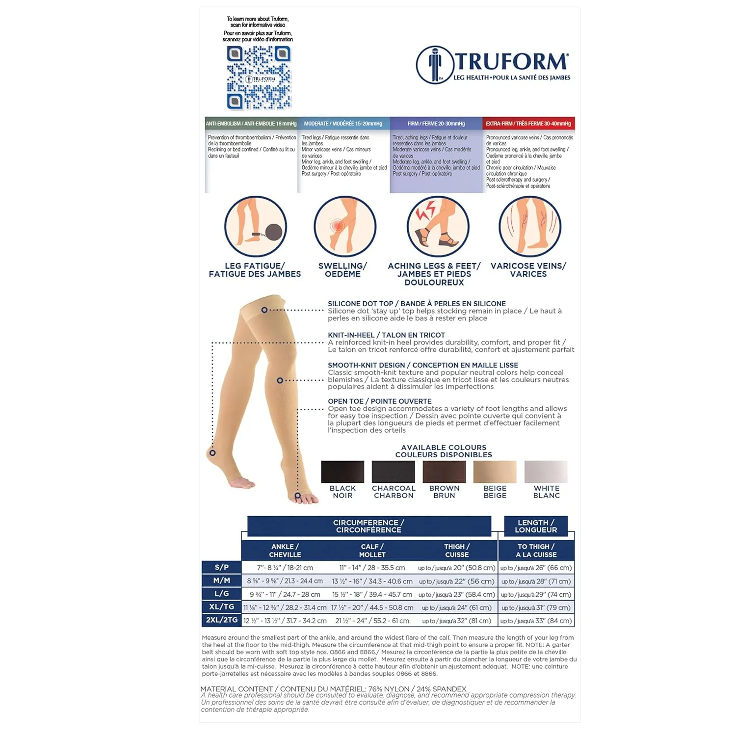 Truform 20-30 mmHg Compression Stockings for Men and Women, Thigh High Length, Dot-Top, Open Toe, Beige, X-Large