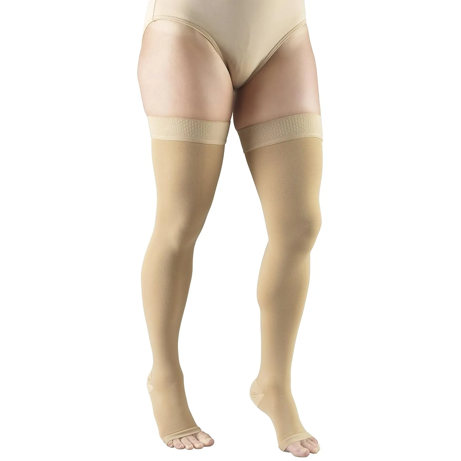 Truform 20-30 mmHg Compression Stockings for Men and Women, Thigh High Length, Dot-Top, Open Toe, Beige, X-Large