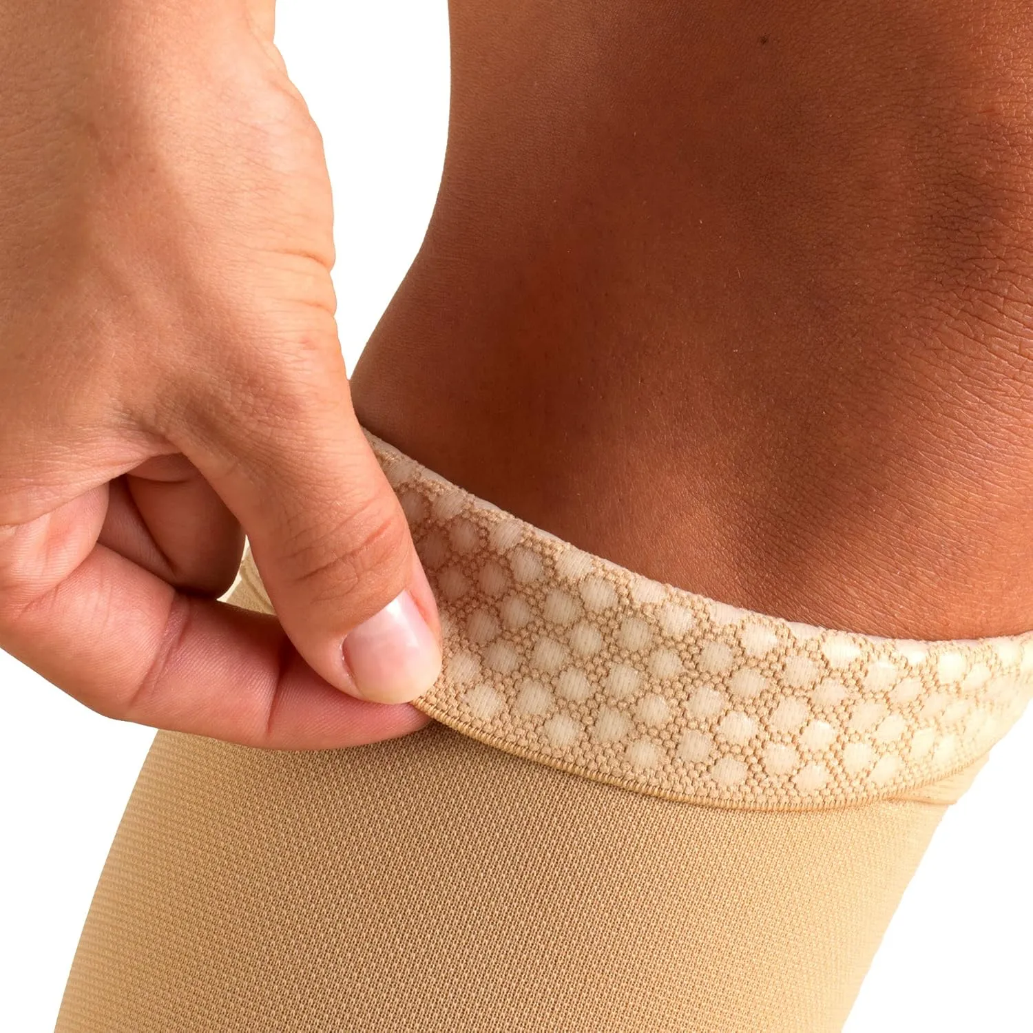 Truform 20-30 mmHg Compression Stockings for Men and Women, Thigh High Length, Dot-Top, Open Toe, Beige, X-Large