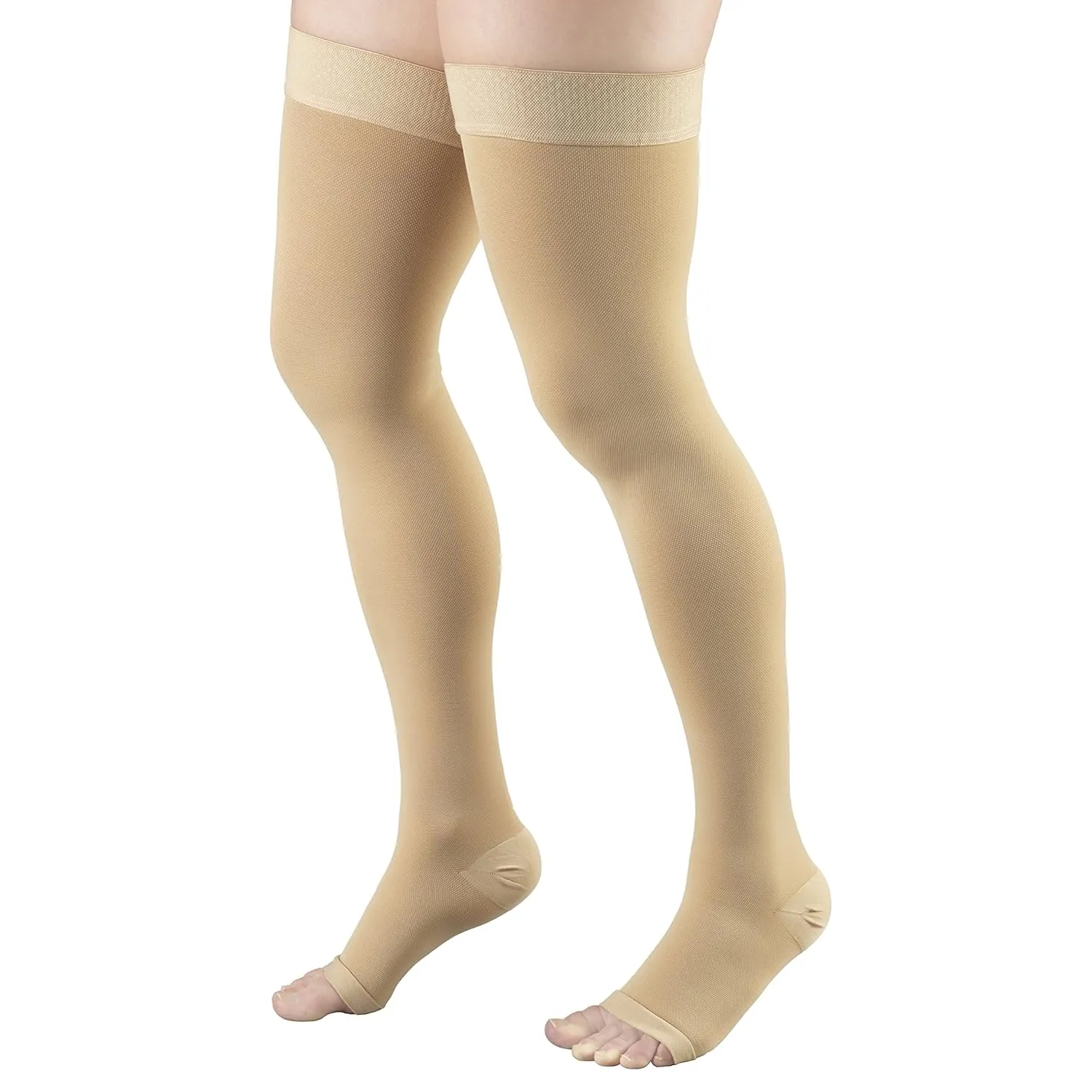 Truform 20-30 mmHg Compression Stockings for Men and Women, Thigh High Length, Dot-Top, Open Toe, Beige, X-Large