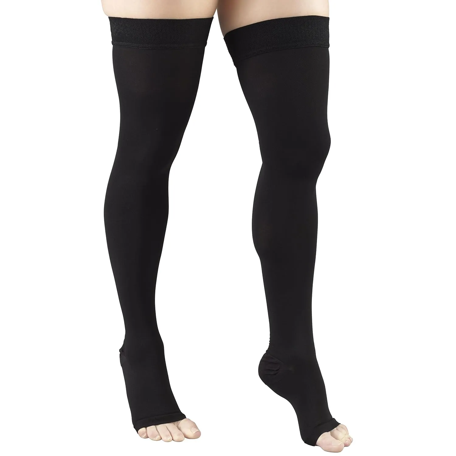 Truform 20-30 mmHg Compression Stockings for Men and Women, Thigh High Length, Dot-Top, Open Toe, Black, Medium