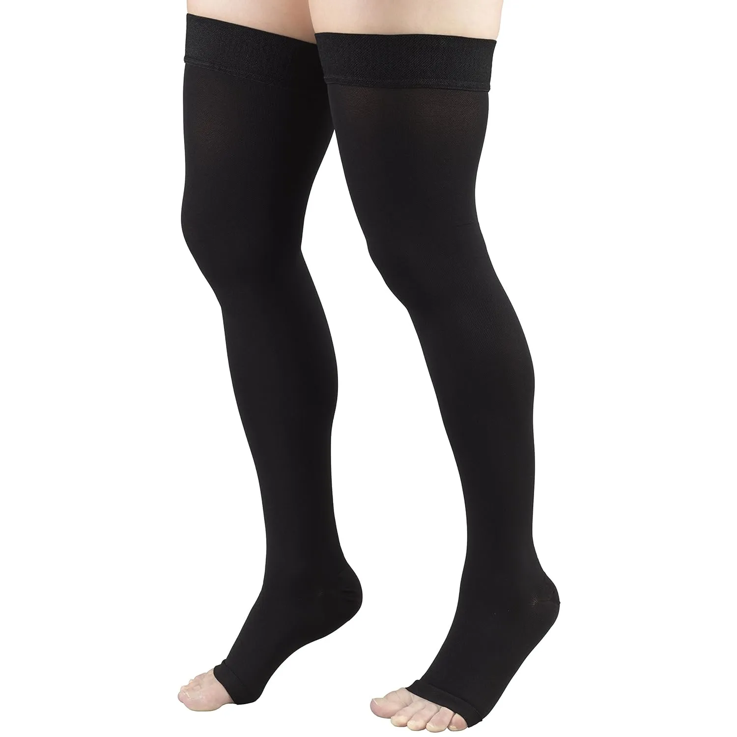 Truform 20-30 mmHg Compression Stockings for Men and Women, Thigh High Length, Dot-Top, Open Toe, Black, Medium