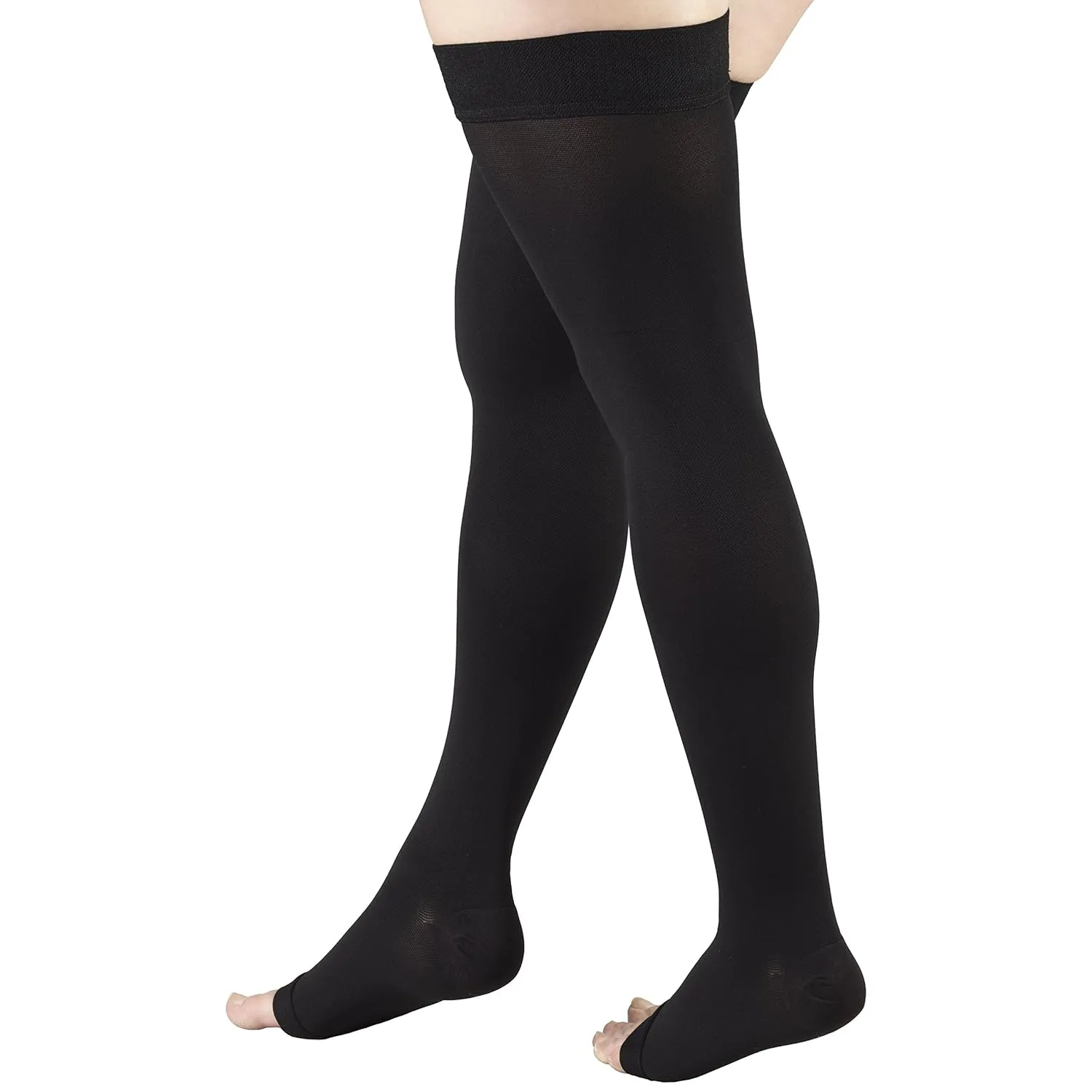 Truform 20-30 mmHg Compression Stockings for Men and Women, Thigh High Length, Dot-Top, Open Toe, Black, Medium