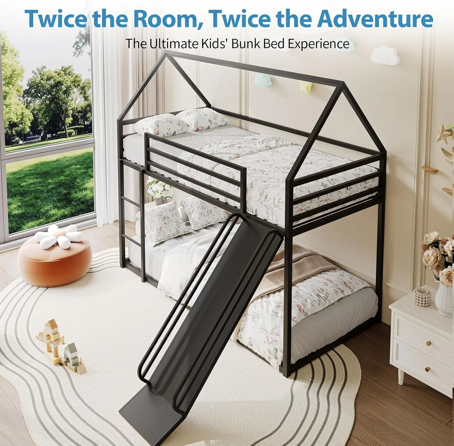 Twin-Over-Twin Low Bunk Bed with Convertible Slide, Full-Length Guardrail with Montessori Floor Bunk Bed Frame, Heavy Duty Metal Bed with House Shape and Roof for Boys Girls, Black