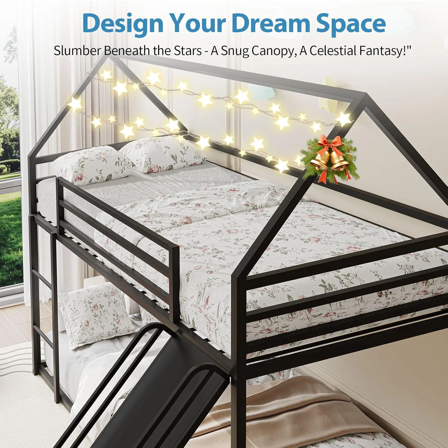 Twin-Over-Twin Low Bunk Bed with Convertible Slide, Full-Length Guardrail with Montessori Floor Bunk Bed Frame, Heavy Duty Metal Bed with House Shape and Roof for Boys Girls, Black