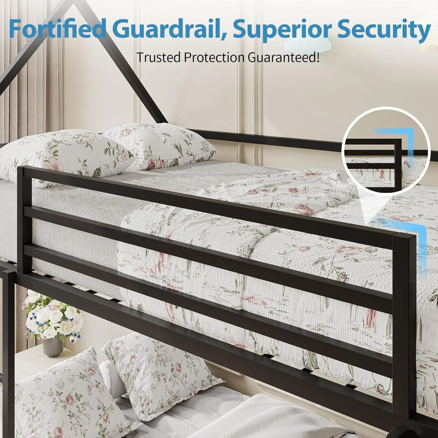 Twin-Over-Twin Low Bunk Bed with Convertible Slide, Full-Length Guardrail with Montessori Floor Bunk Bed Frame, Heavy Duty Metal Bed with House Shape and Roof for Boys Girls, Black
