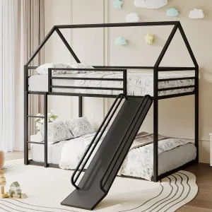 Twin-Over-Twin Low Bunk Bed with Convertible Slide, Full-Length Guardrail with Montessori Floor Bunk Bed Frame, Heavy Duty Metal Bed with House Shape and Roof for Boys Girls, Black
