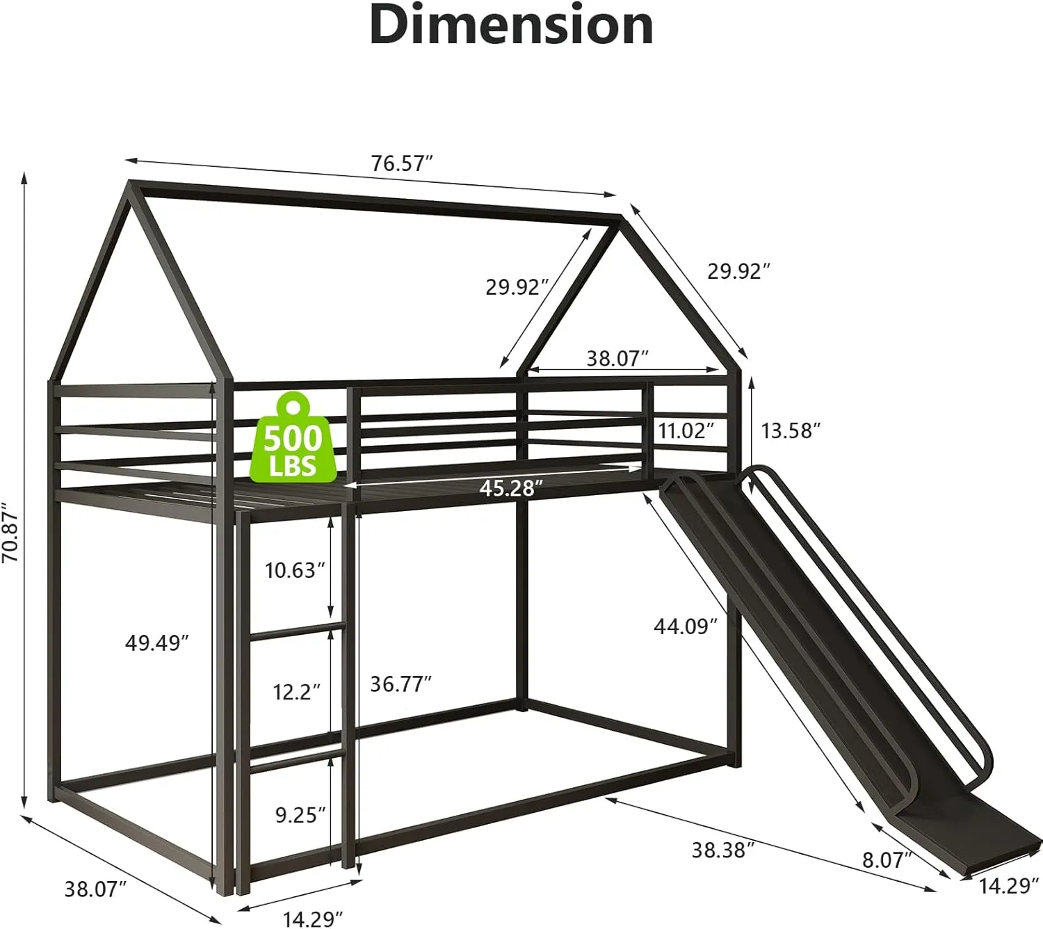 Twin-Over-Twin Low Bunk Bed with Convertible Slide, Full-Length Guardrail with Montessori Floor Bunk Bed Frame, Heavy Duty Metal Bed with House Shape and Roof for Boys Girls, Black