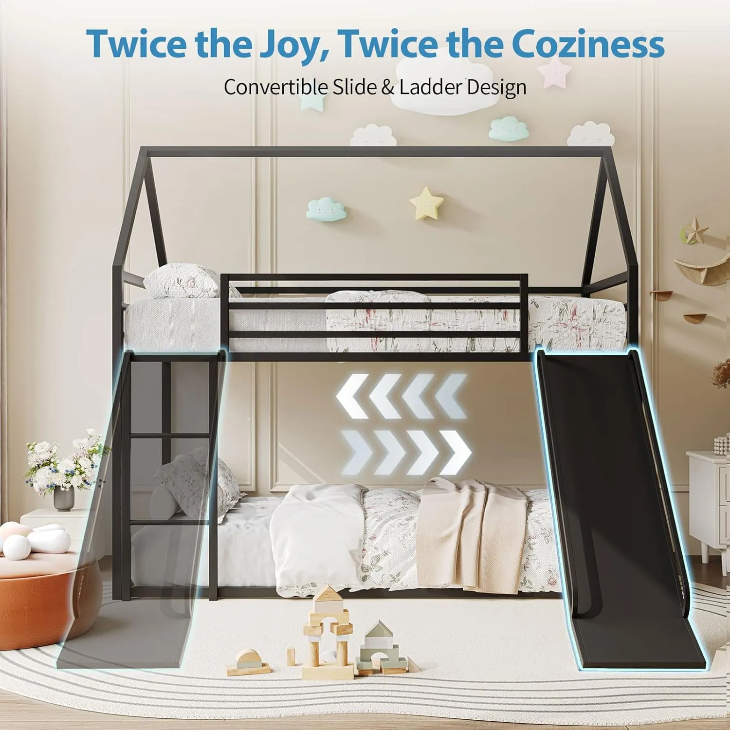 Twin-Over-Twin Low Bunk Bed with Convertible Slide, Full-Length Guardrail with Montessori Floor Bunk Bed Frame, Heavy Duty Metal Bed with House Shape and Roof for Boys Girls, Black