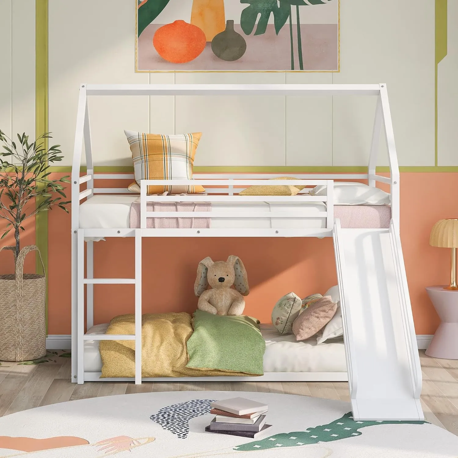 Twin Over Twin Metal Floor Bunk Bed with Slide,Metal Junior House Twin Size House Bunk Bed Frame with Ladder & Roof for Boy Girl, No Box Spring Needed,Low Bunk Bed Frame with Convertible Slide