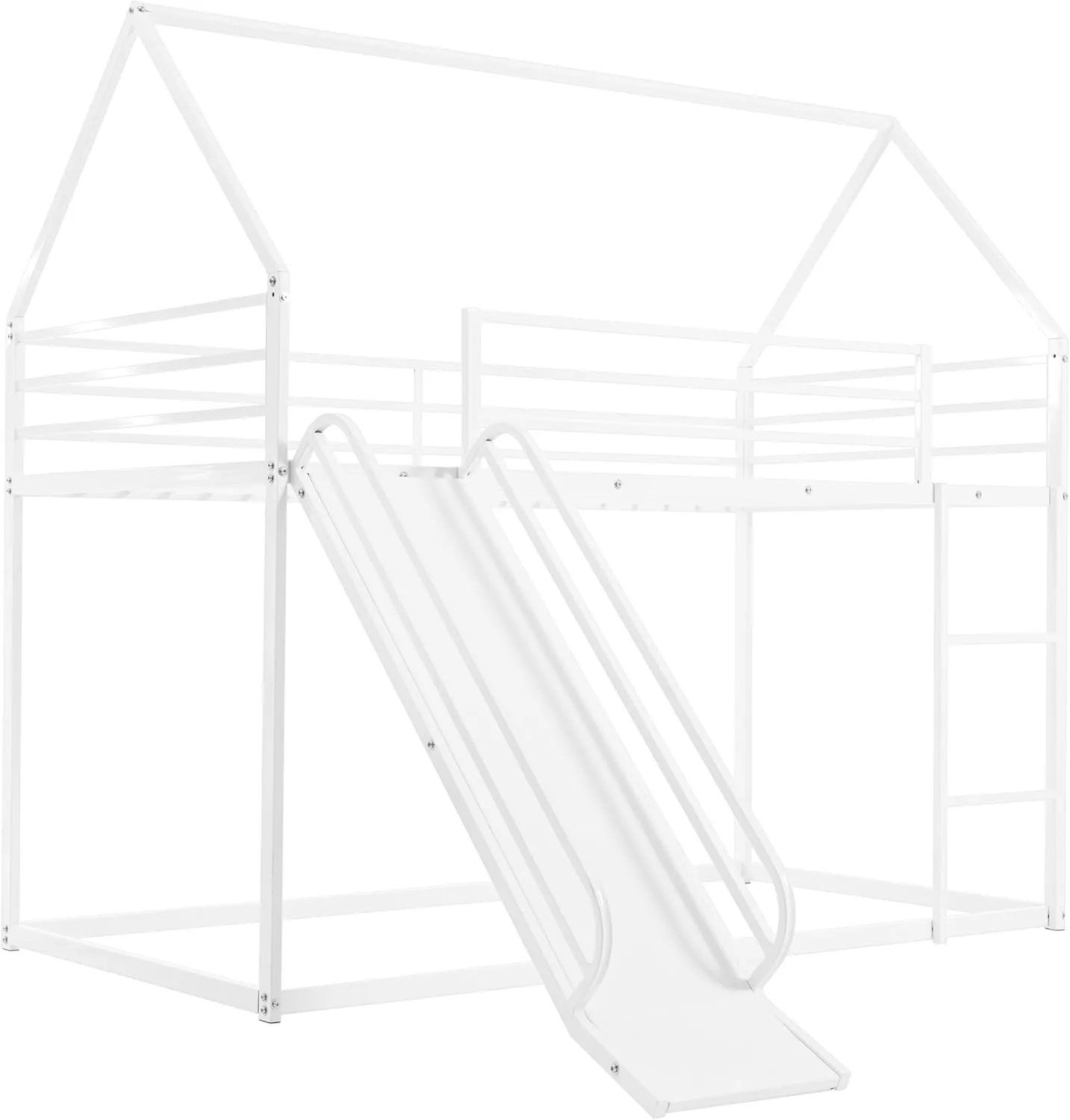 Twin Over Twin Metal Floor Bunk Bed with Slide,Metal Junior House Twin Size House Bunk Bed Frame with Ladder & Roof for Boy Girl, No Box Spring Needed,Low Bunk Bed Frame with Convertible Slide