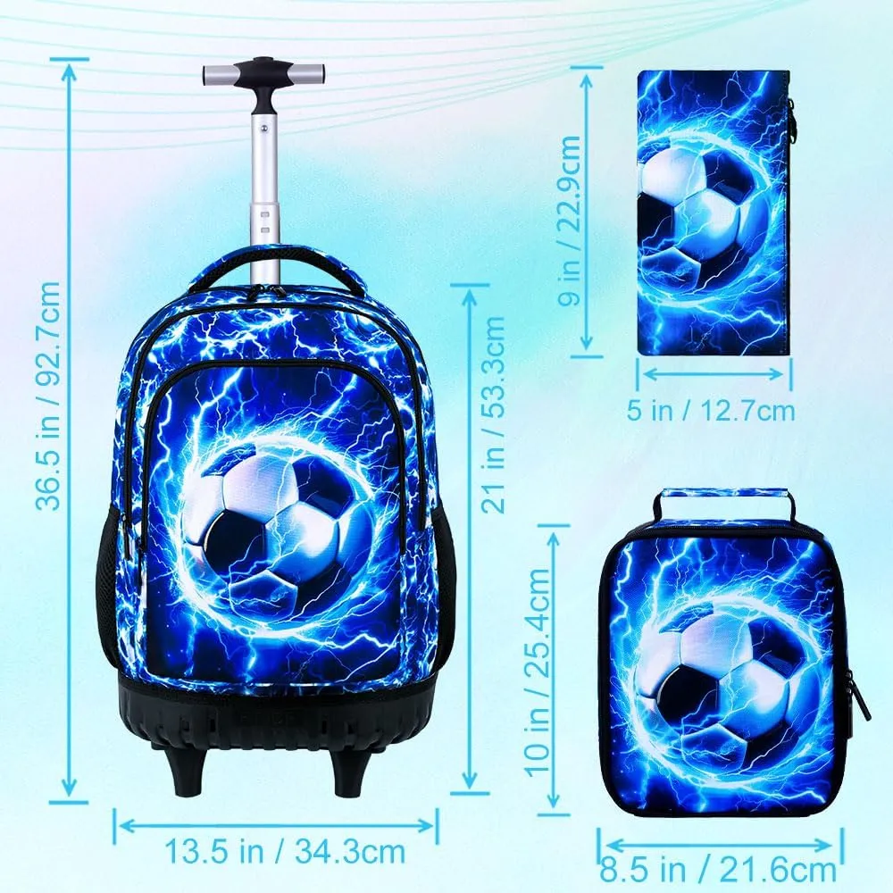UFNDC 3PCS Rolling Backpack for Boys, Men Lightning Football Backpacks with Wheels，Water-Resistant Travel Roller Wheeled Bookbag