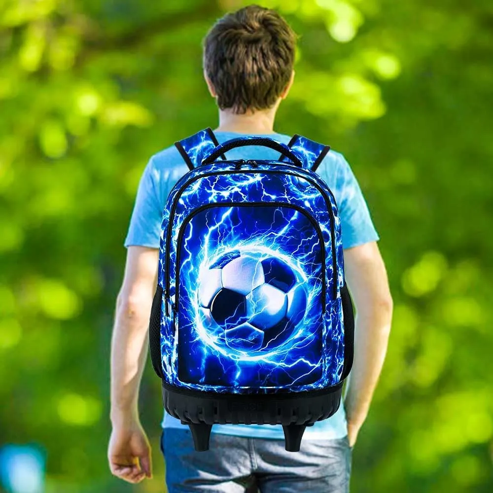 UFNDC 3PCS Rolling Backpack for Boys, Men Lightning Football Backpacks with Wheels，Water-Resistant Travel Roller Wheeled Bookbag