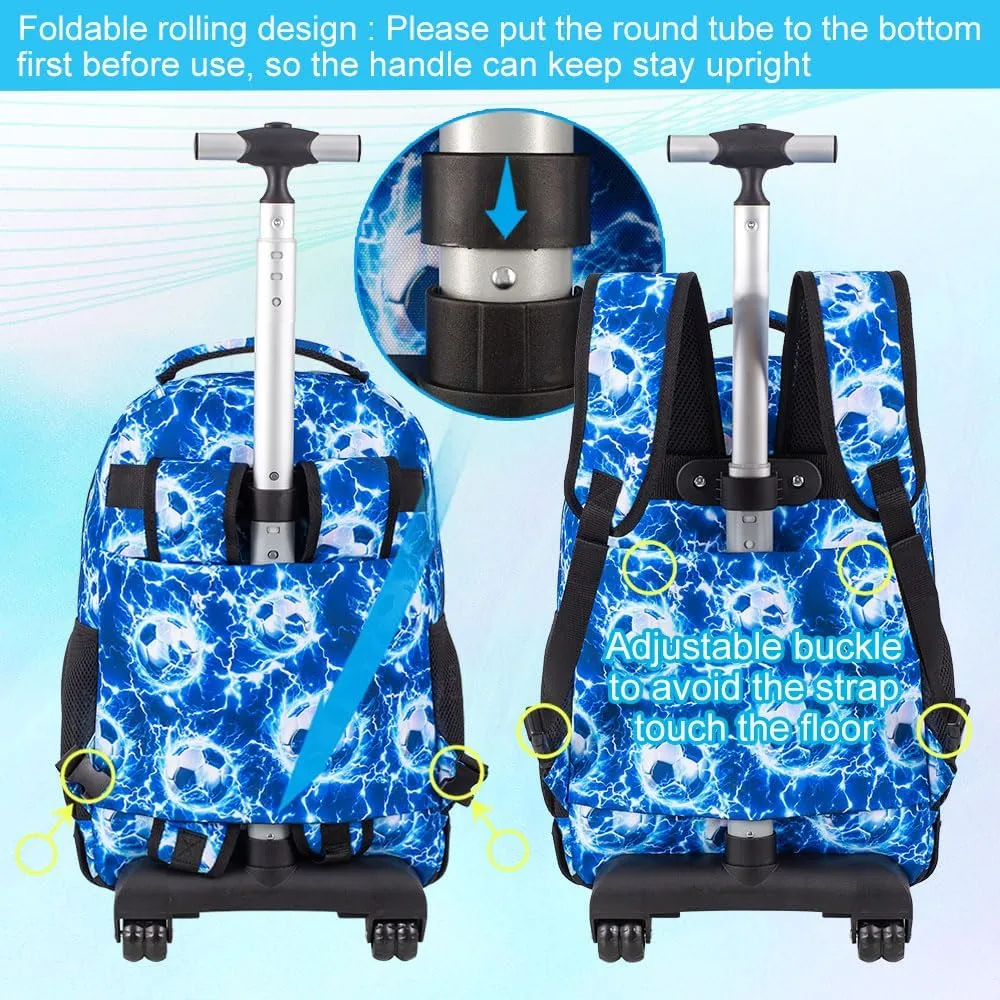 UFNDC 3PCS Rolling Backpack for Boys, Men Lightning Football Backpacks with Wheels，Water-Resistant Travel Roller Wheeled Bookbag