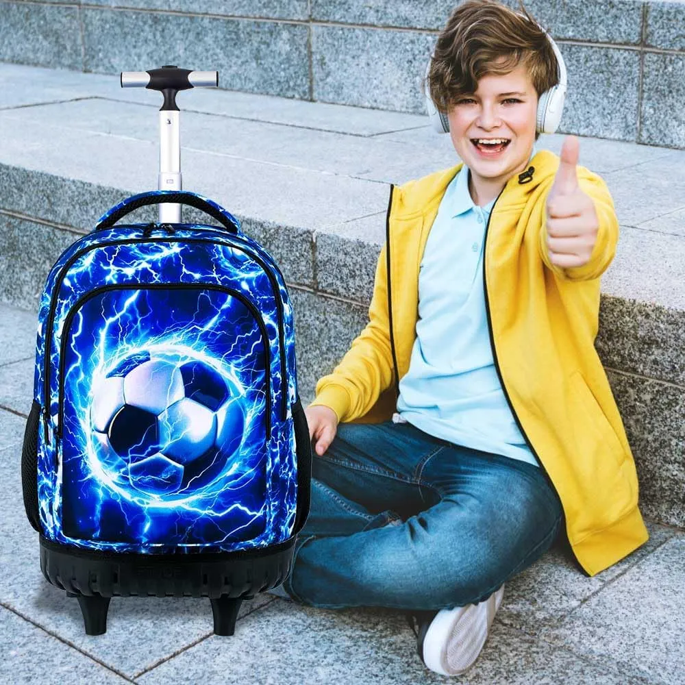 UFNDC 3PCS Rolling Backpack for Boys, Men Lightning Football Backpacks with Wheels，Water-Resistant Travel Roller Wheeled Bookbag