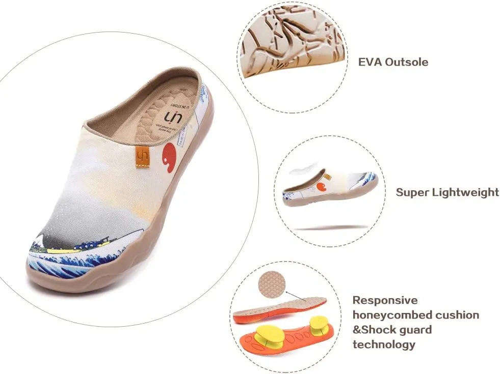 UIN Women's Slip On Mules Comfortable Flat Lightweight Wide Toe Clog Casual Art Painted Travel Shoes Malaga Series