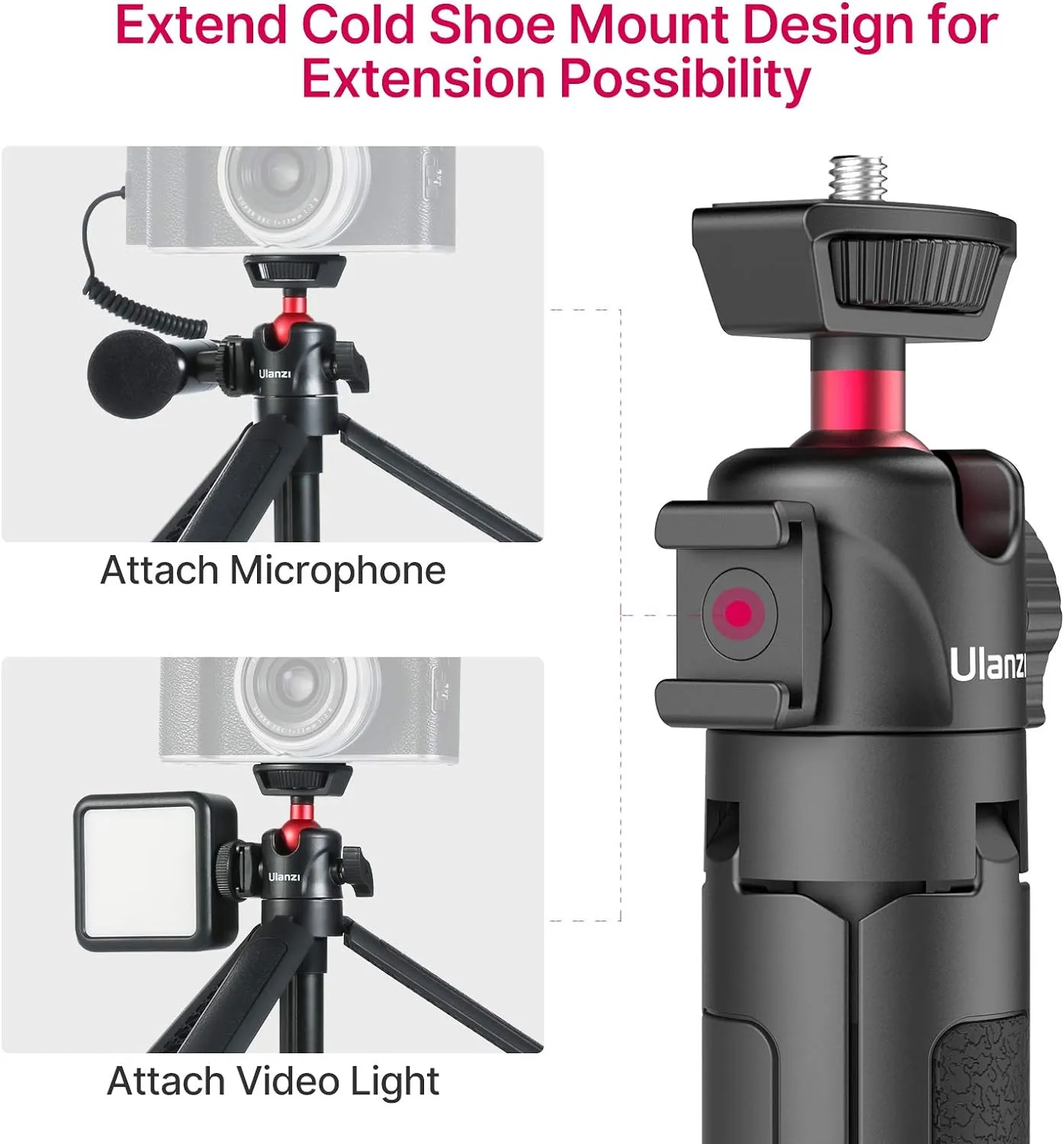 Ulanzi MT-16 Camera Tripod Stand Holder, Mini Tabletop Tripod Selfie Stick with Cold Shoe, Travel Tripod for iPhone 12 Canon G7X Mark III Sony ZV-1 RX100 VII A6600 Vlogging Filmmaking Live Streaming